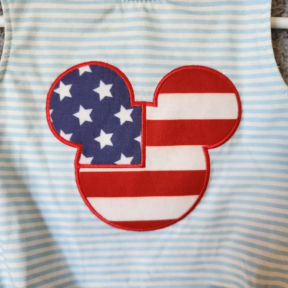 Abby & Evie Red White Blue‎ USA Embroidered Mickey Head One Piece Romper Size 6M